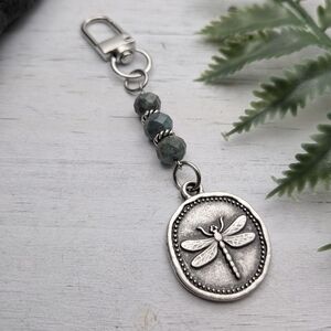 Beaded Dragonfly Bag Charm / Keychain with Mossy Green Agate Beads